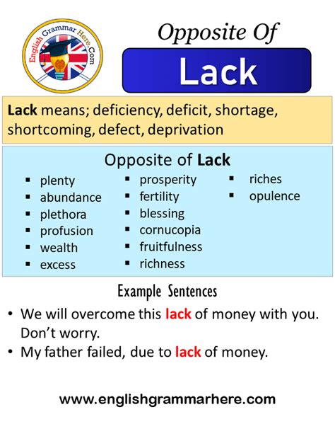 See examples <b>of LACK</b> used in a sentence. . Antonym of lack